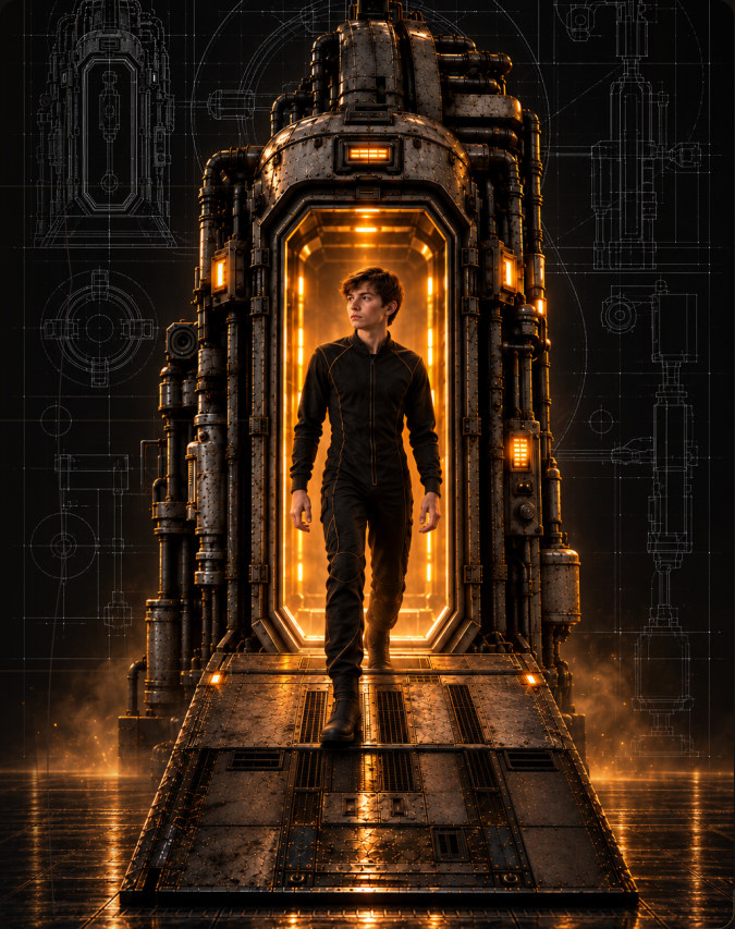 A clothed teenager walking out of the incubator, concept art