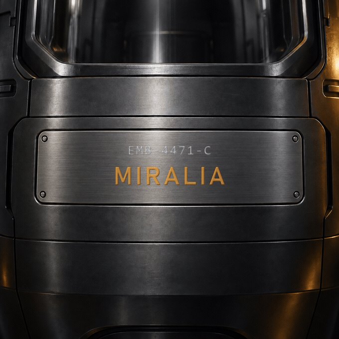 A serial number plate on which a name appears in amber, animated concept art