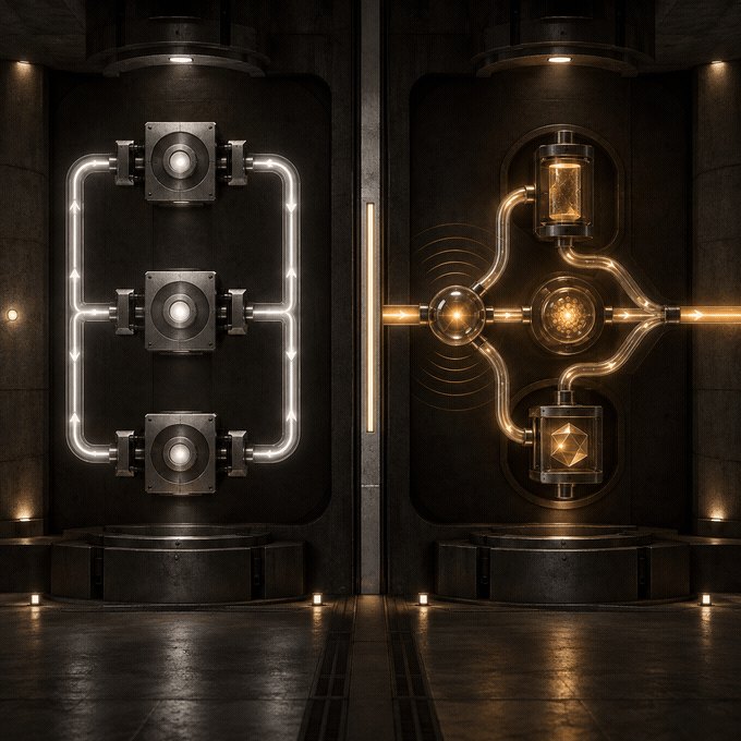 Two circuits side by side, one repeating, one responding, animated concept art