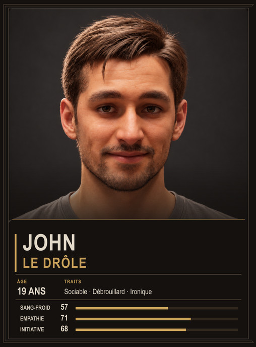 John, character concept card with age, traits and illustrative values