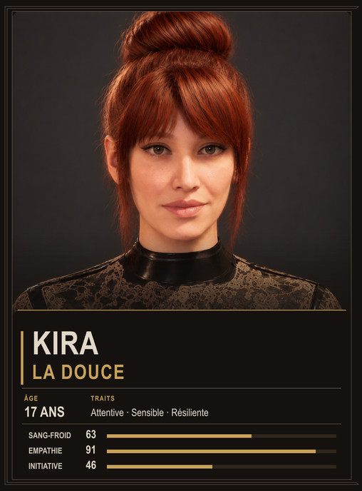 Kira, character concept card with age, traits and illustrative values