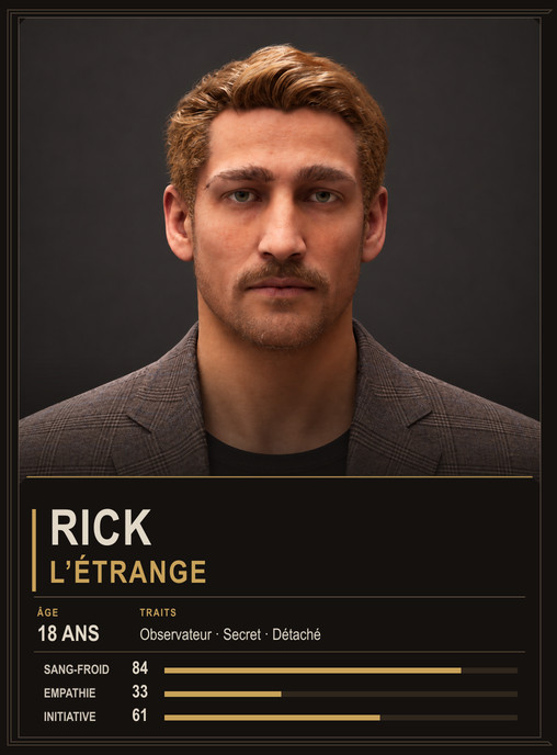 Rick, character concept card with age, traits and illustrative values