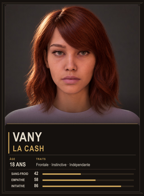 Vany, character concept card with age, traits and illustrative values