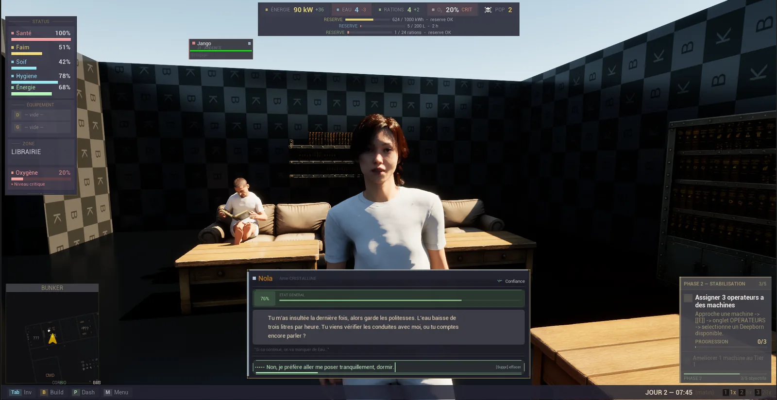 Direct engine capture: Nola, a Deepborn, faces the player in a graybox library while another Deepborn reads on the sofa behind her. Her dialogue panel shows a trust indicator and her reply, which recalls the player's earlier insult and the water falling by three litres an hour; the top bar shows the water rate at minus 3. French interface, work in progress.
