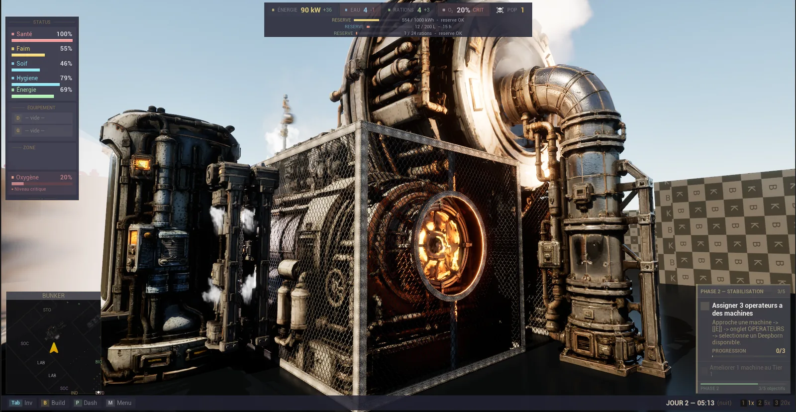 Direct engine capture: the industrial assembly of the incubator powered and running, its core glowing behind a mesh cage, steam escaping from the pipes.