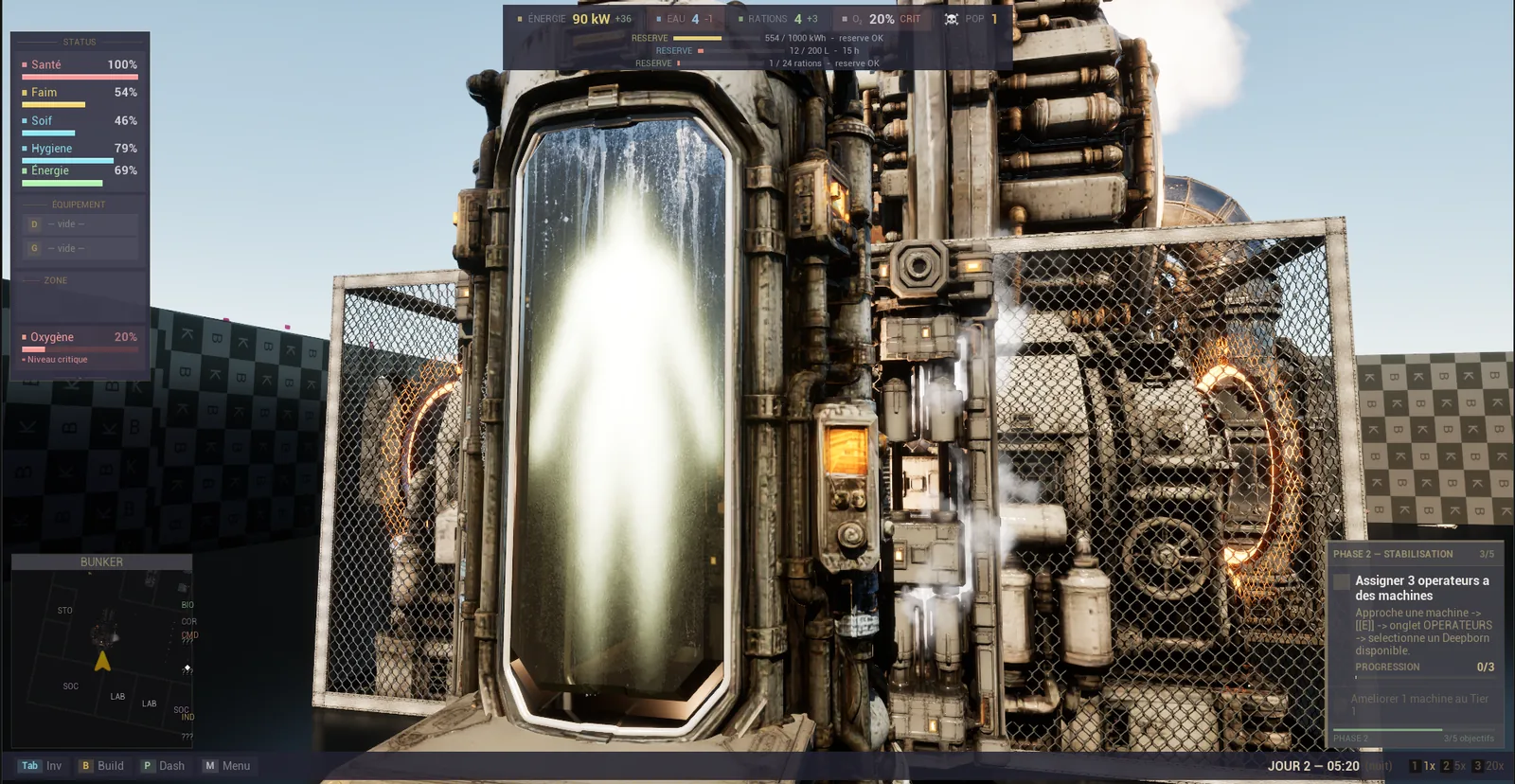 Direct engine capture: the incubator capsule running, lit from inside, a glowing silhouette visible behind the glass, steam escaping from the machine.