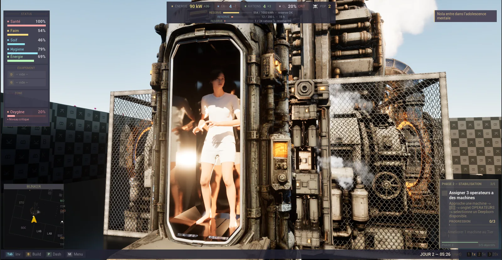 Direct engine capture: Nola standing in the open incubator capsule; a notice reads that Nola enters mental adolescence. French interface, work in progress.