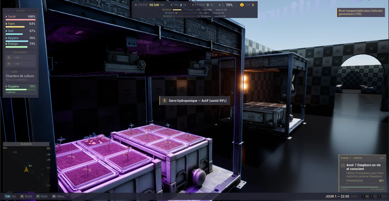 Direct engine capture: lit hydroponic planters with young plants in the culture room, labelled hydroponic greenhouse, active, health 99%. French interface, work in progress.