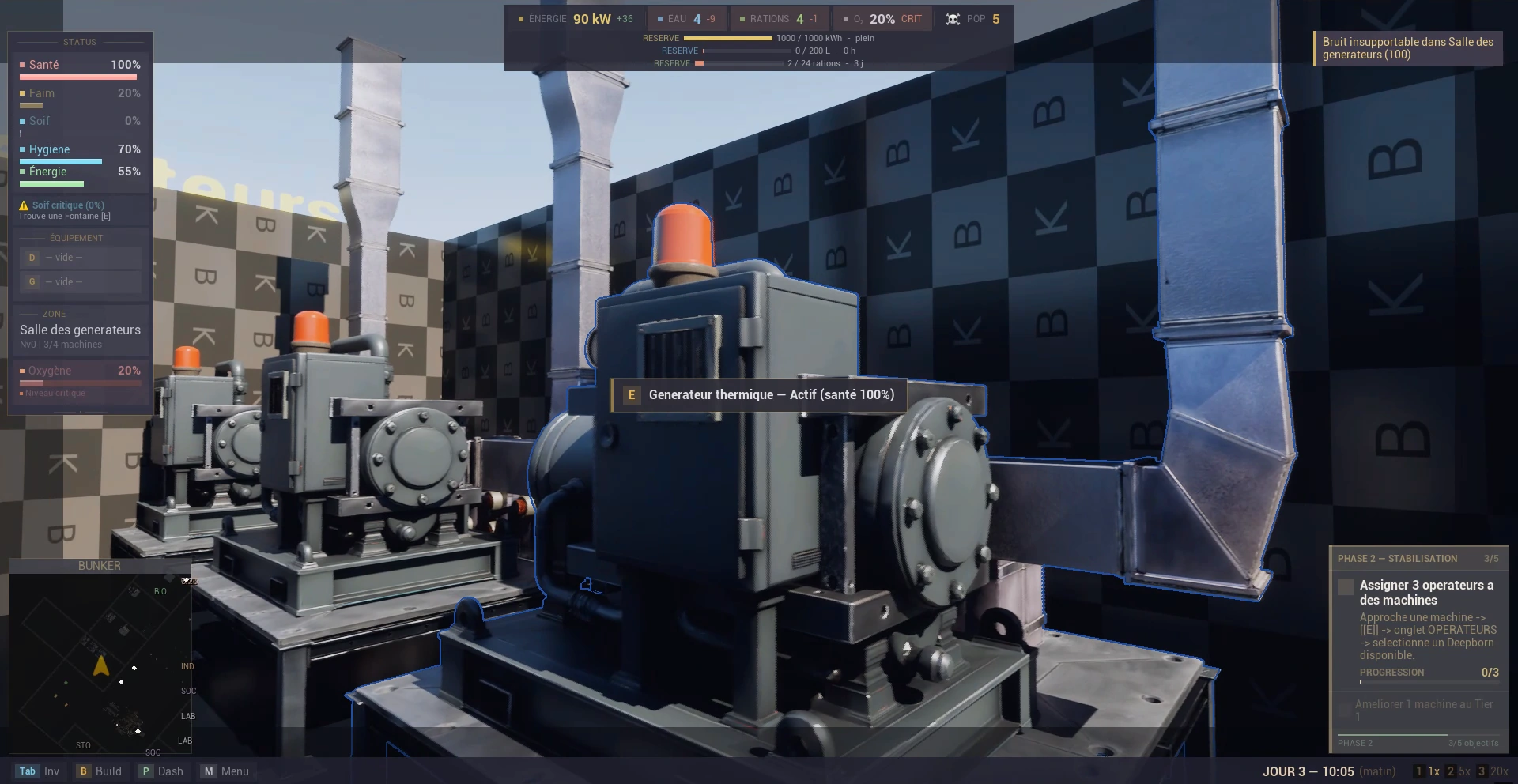 Direct engine capture: three thermal generators in the generator room of the test level, with checkered placeholder walls. The nearest is outlined and labelled thermal generator, active, health 100%; a notice reports unbearable noise in the generator room. French interface, work in progress.