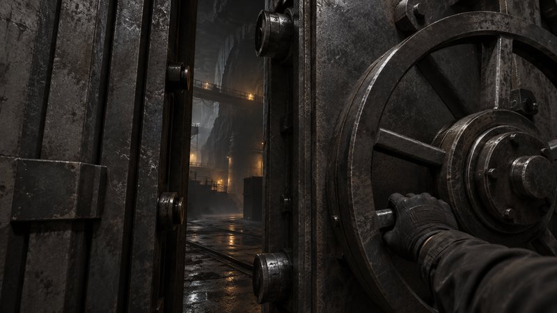 A gloved hand turning the wheel of a heavy bunker door, concept art