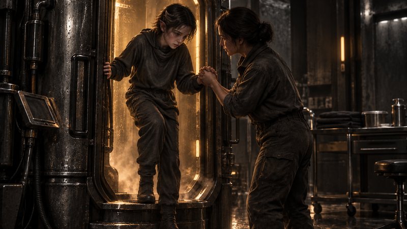 A clothed teenager stepping out of the incubator, helped by another person, concept art