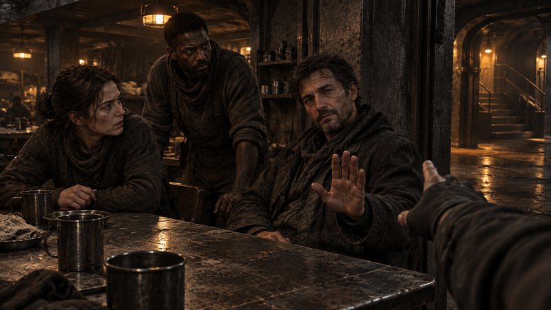 Three Deepborn at a table, one raising a hand in refusal, concept art