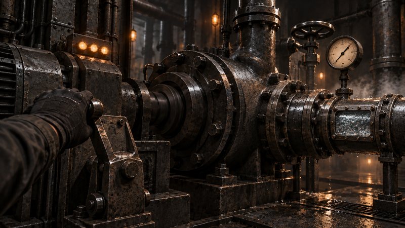 A gloved hand on the lever of a large fixed pump, concept art