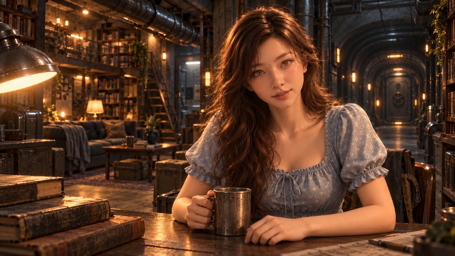Kira at a table in a warm bunker library, AI-generated concept art