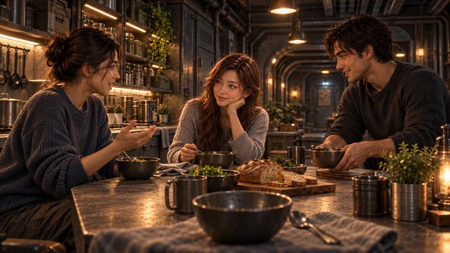 Shared meal in the bunker, AI-generated concept art