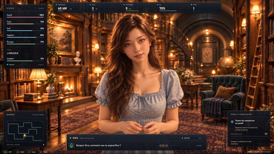Kira in the bunker library, with the conversation interface concept around her