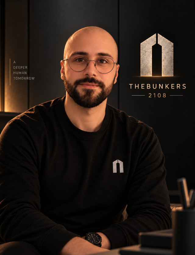 Nano, creator of THE BUNKERS 2108, seated at his desk. On the wall: THEBUNKERS 2108, A DEEPER HUMAN TOMORROW