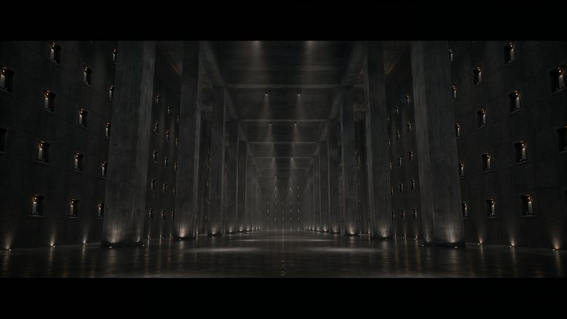 A vast hall lined with capsules, from the film Enter the world