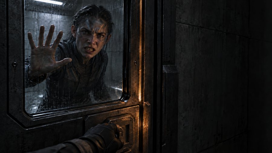 An angry Deepborn pressing a hand against a rain-streaked window, concept art